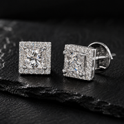925 Sterling Silver Princess Cut Moissanite Halo Stud Earrings Angle View