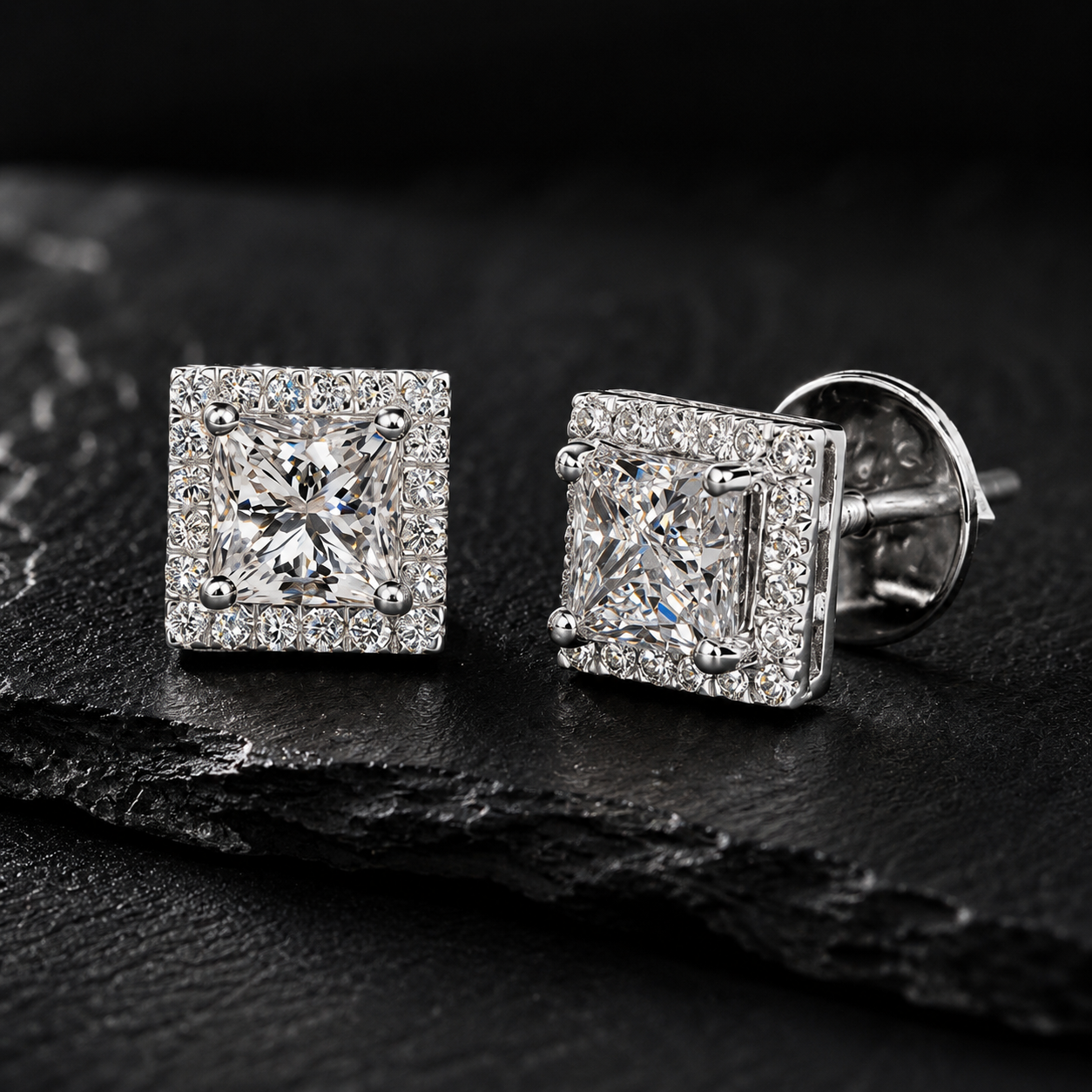 925 Sterling Silver Princess Cut Moissanite Halo Stud Earrings Angle View