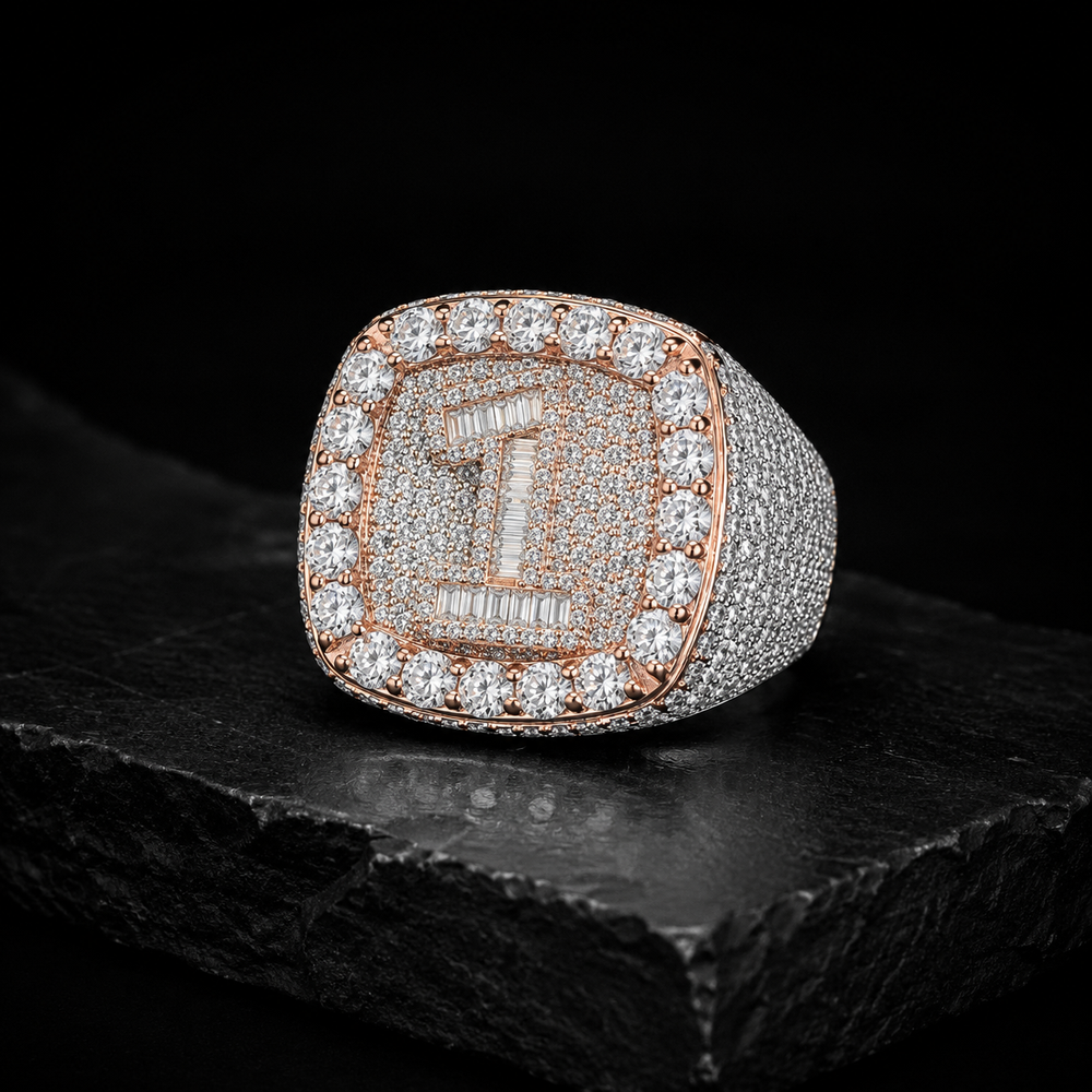 Iced Out Number 1 Square Halo Moissanite Ring – 925 Sterling Silver