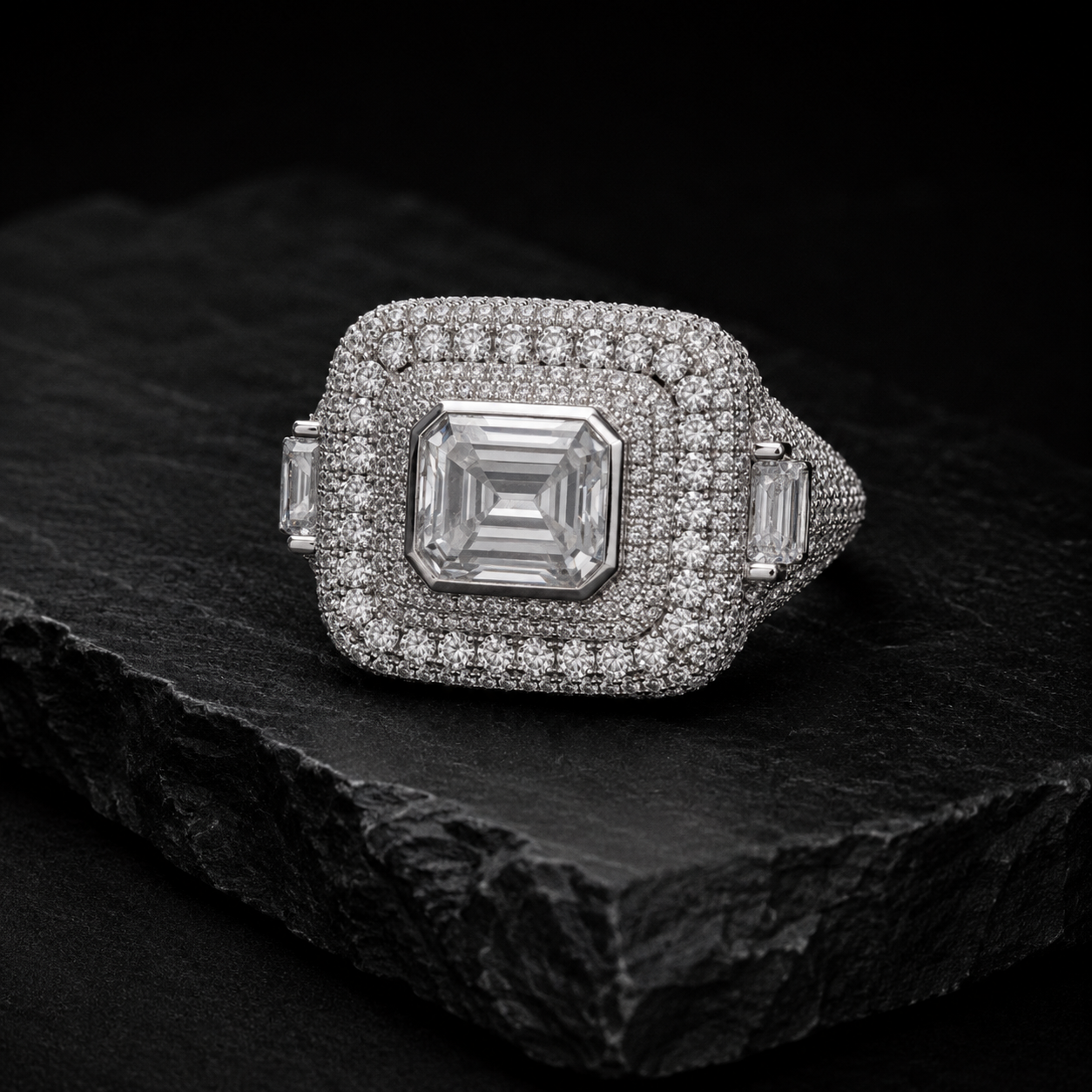 VVS Moissanite Emerald-Cut Iced Out Hip Hop Ring – 925 Sterling Silver