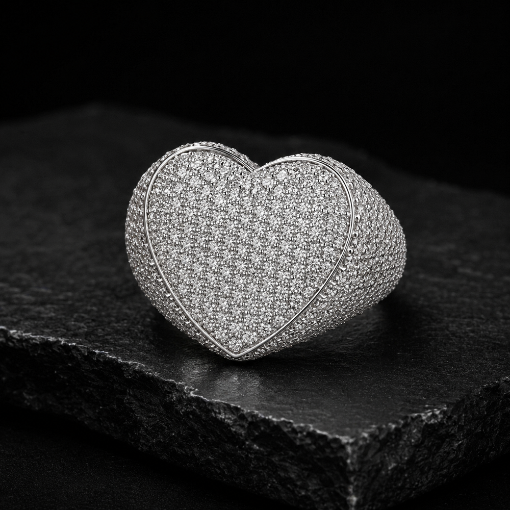 Iced Out Heart-Shaped Round-Cut VVS Moissanite Ring – 925 Sterling Silver