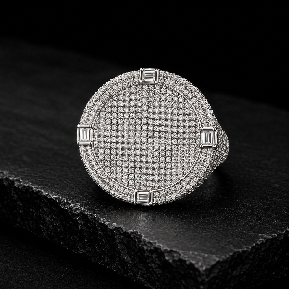 Iced Out Round VVS Moissanite Diamond Statement Ring – 925 Sterling Silver