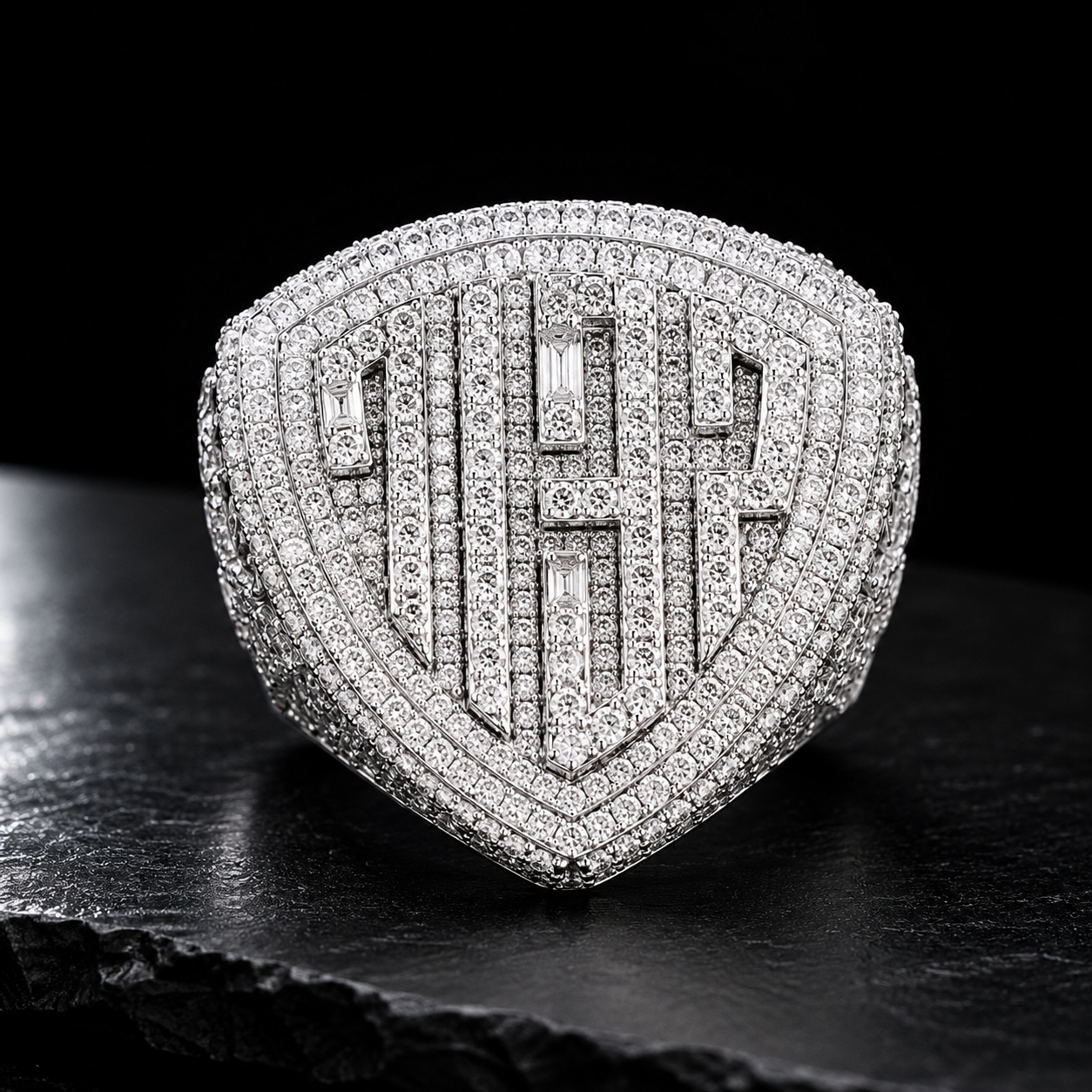 925 Sterling Silver Shield-Shaped Custom Initial VVS Moissanite Iced Out Cluster Ring