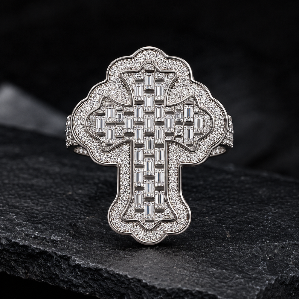 Iced Out Cross VVS Moissanite Diamond Hip Hop Statement Ring – 925 Sterling Silver