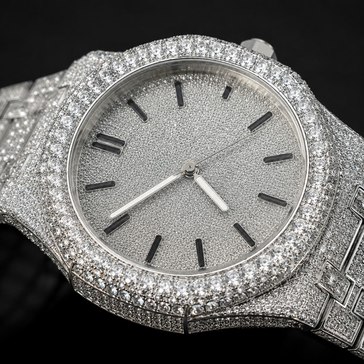 Close Up Full Iced Out Moissanite Watch Dial and Bezel