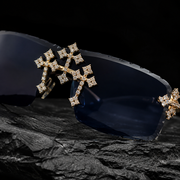 Close Up Iced Out Moissanite Cross Detail on Rimless Sunglasses
