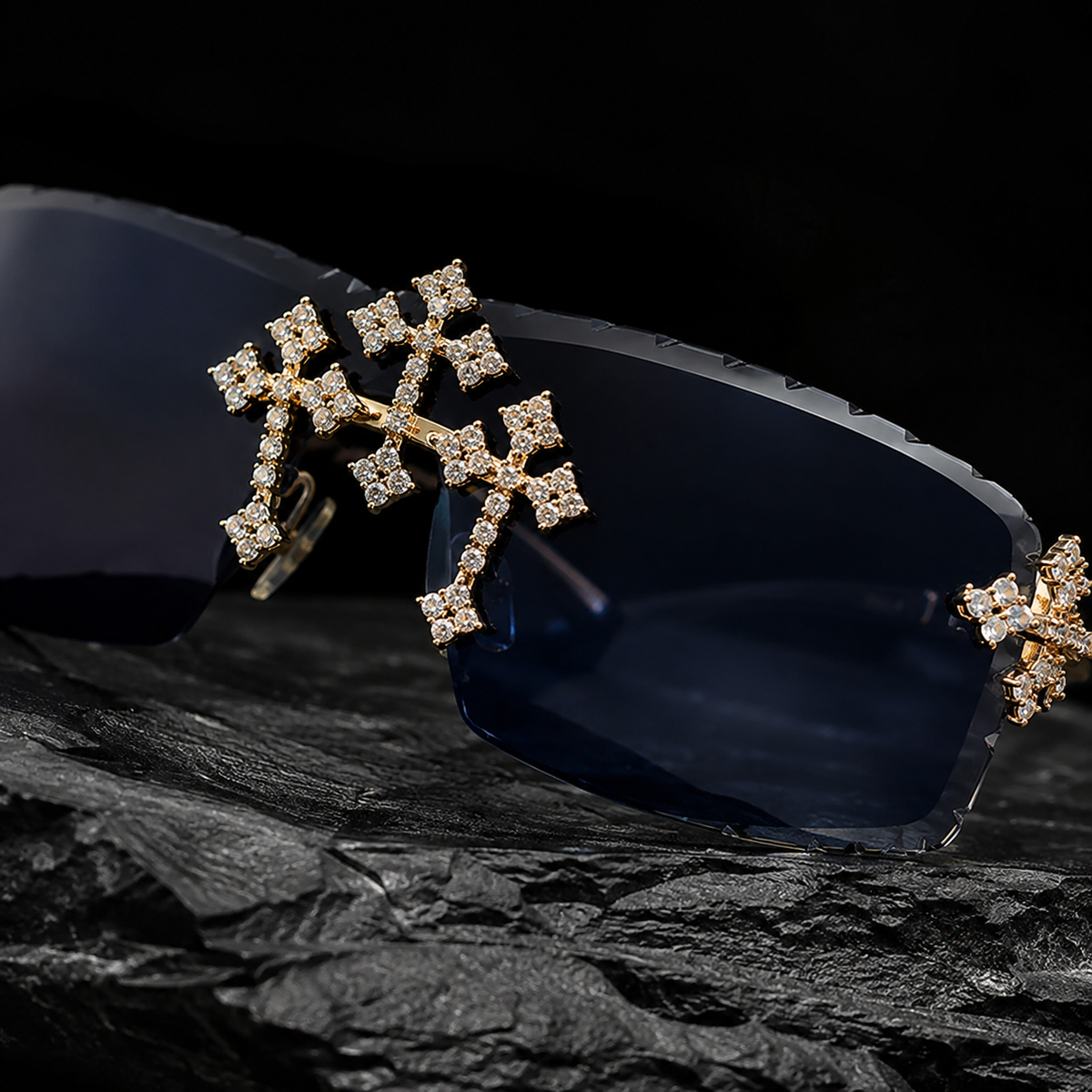 Close Up Iced Out Moissanite Cross Detail on Rimless Sunglasses