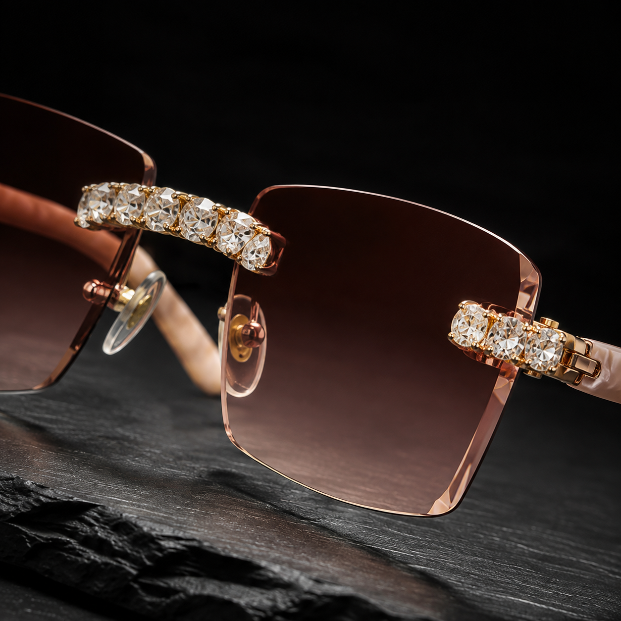 Close Up Iced Out Moissanite Detail on Rimless Gradient Sunglasses