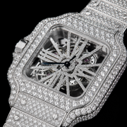 Close Up Iced Out Moissanite Skeleton Watch Dial and Stone Setting