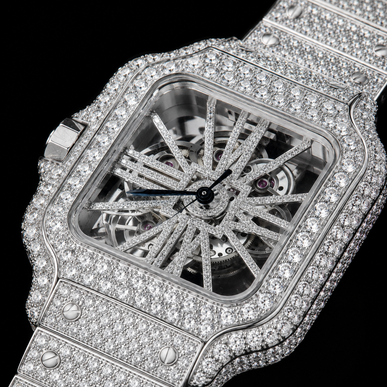 Close Up Iced Out Moissanite Skeleton Watch Dial and Stone Setting