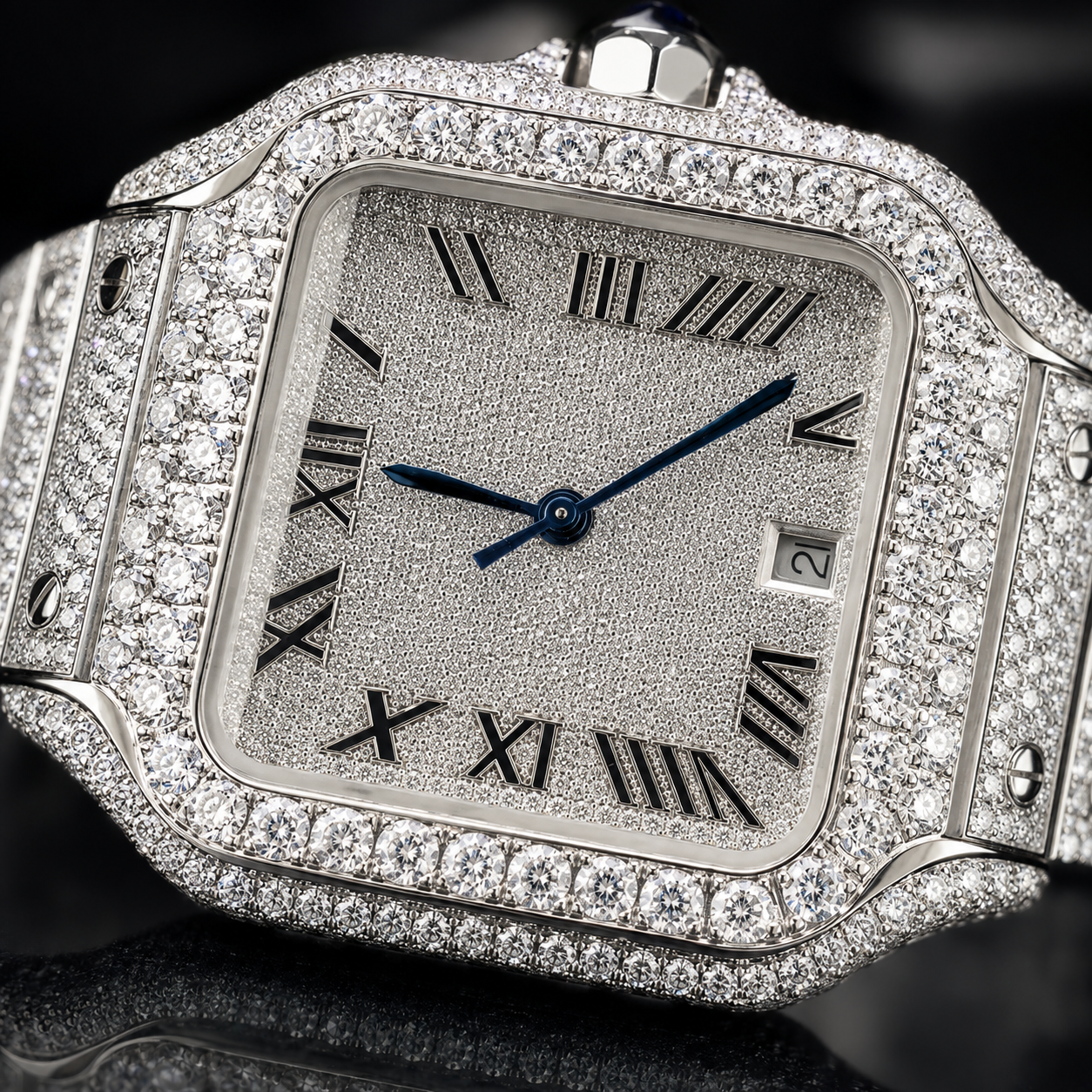Close Up Iced Out Roman Dial Watch Bezel and Stone Setting