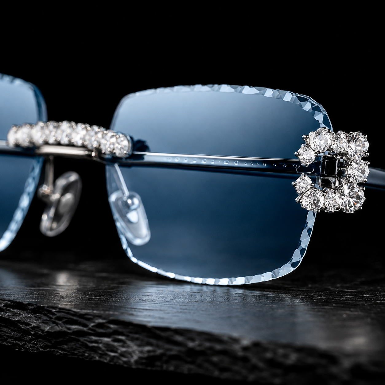 Close Up Moissanite Stone Detail on Iced Out Rimless Sunglasses