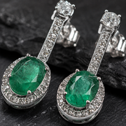 Close Up Oval Green Stone and Moissanite Halo Dangle Earrings