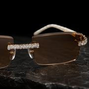 Close Up Pear Cut Moissanite Detail on Iced Out Rimless Sunglasses
