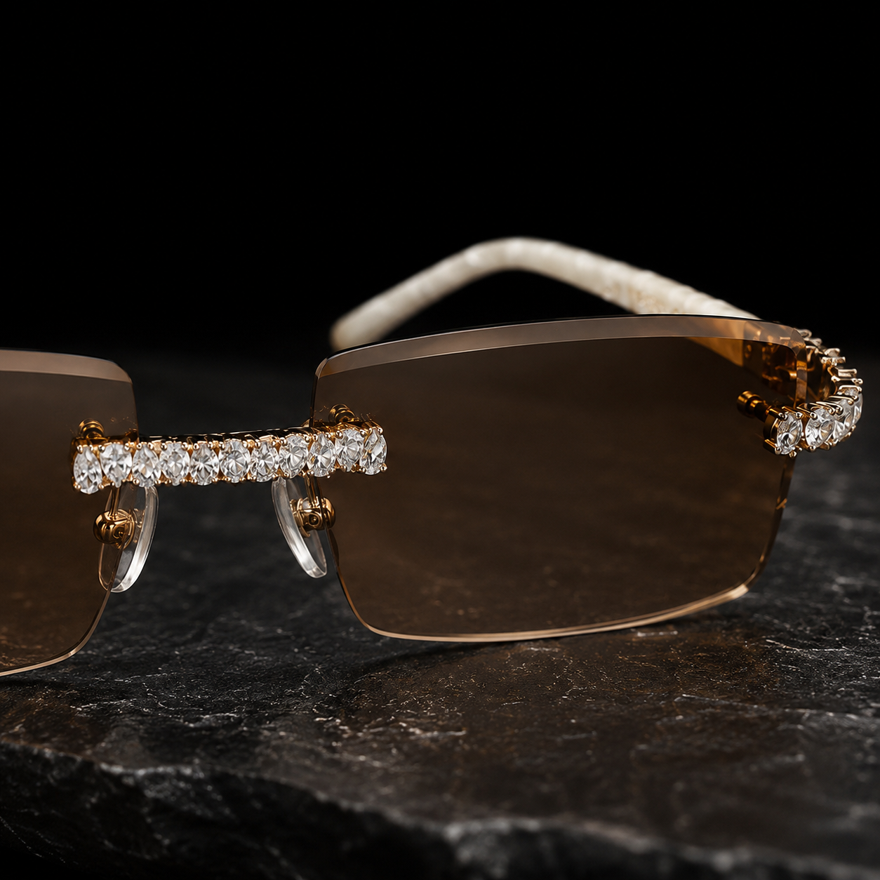 Close Up Pear Cut Moissanite Detail on Iced Out Rimless Sunglasses
