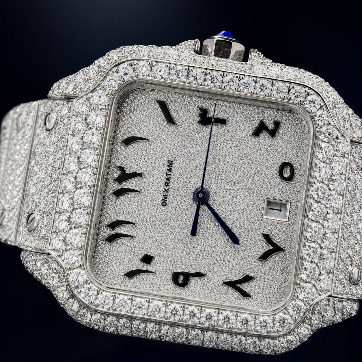 Close Up VVS Moissanite Arabic Dial Watch and Bezel