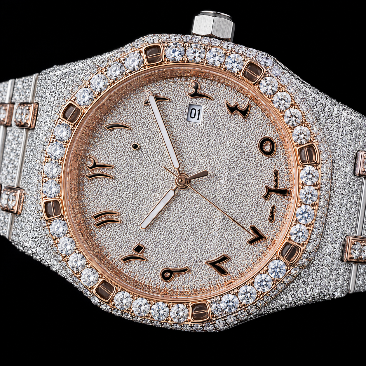 Close Up VVS Moissanite Arabic Dial Watch with Rose Gold Bezel