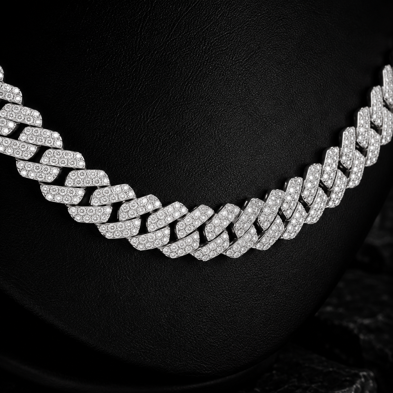 Close Up of Iced Out Moissanite Cuban Link Chain Stones and Links