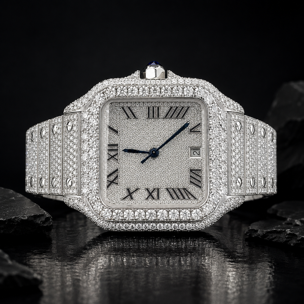 Full Iced Out Stainless Steel Roman Dial Watch Front View
