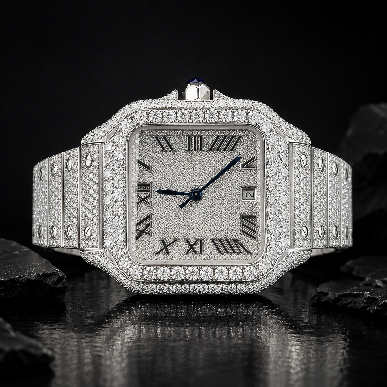 Full Iced Out Stainless Steel Roman Dial Watch Front View