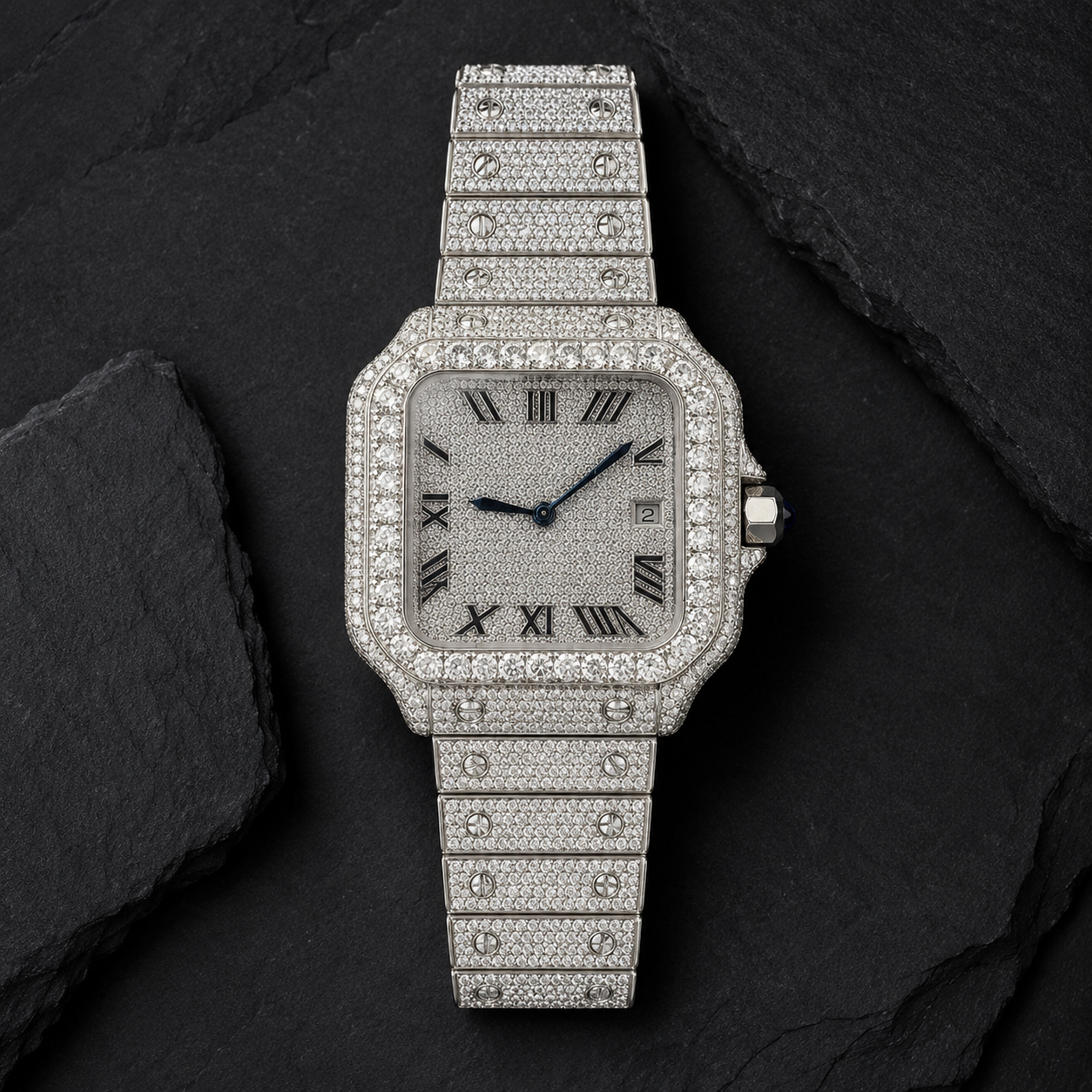 Full Iced Out Stainless Steel Roman Dial Watch on Black Slate