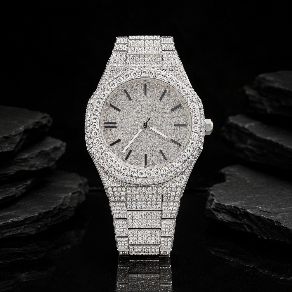 Full Iced Out VVS Moissanite Stainless Steel Watch Front View