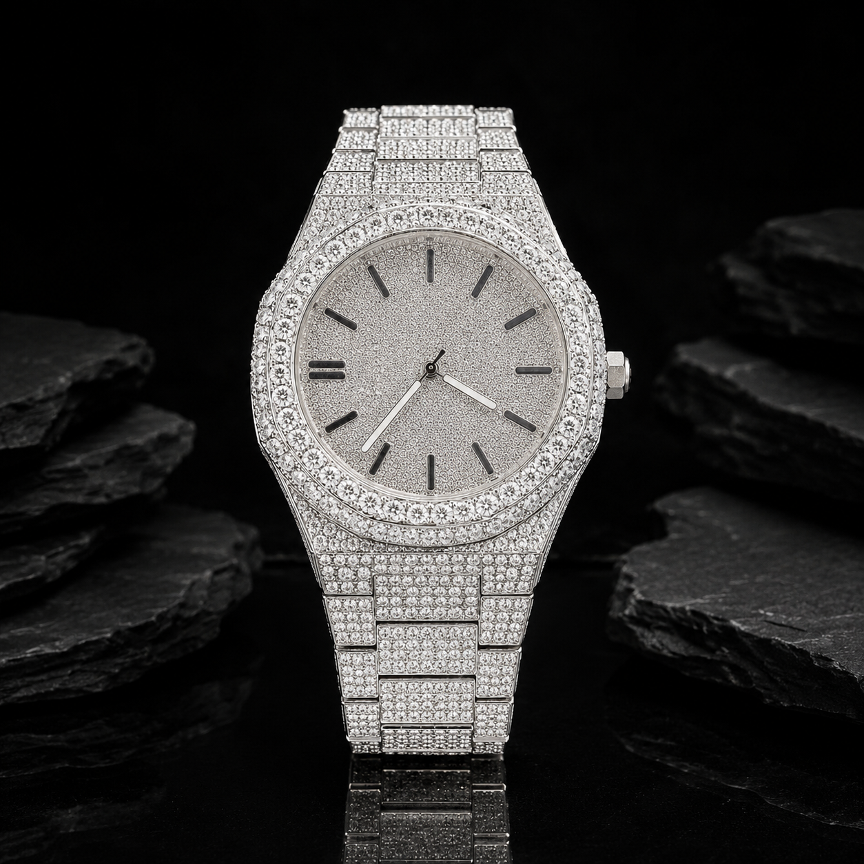 Full Iced Out VVS Moissanite Stainless Steel Watch Front View