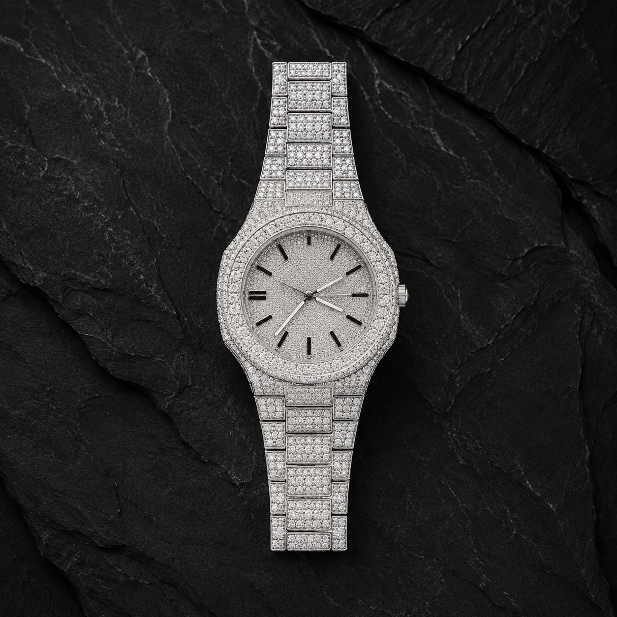 Full Iced Out VVS Moissanite Stainless Steel Watch on Black Slate