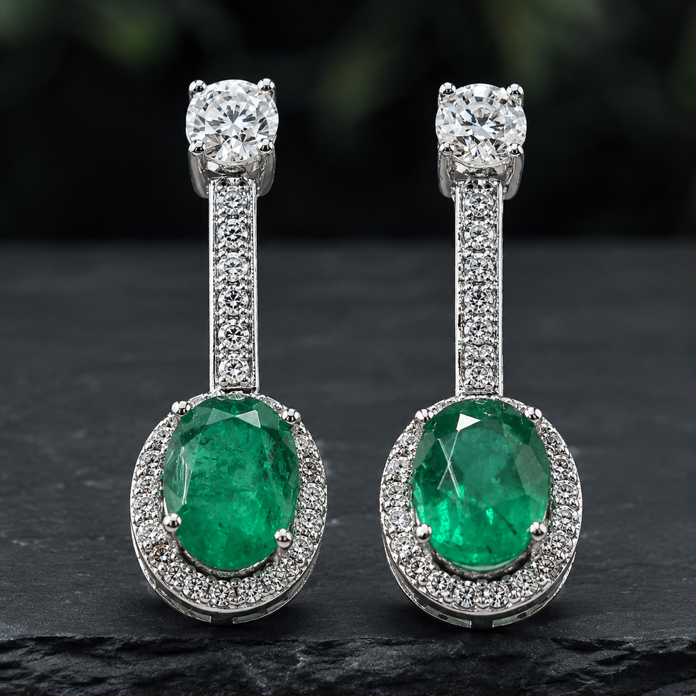 Green Stone and Moissanite Dangle Earrings in 925 Sterling Silver