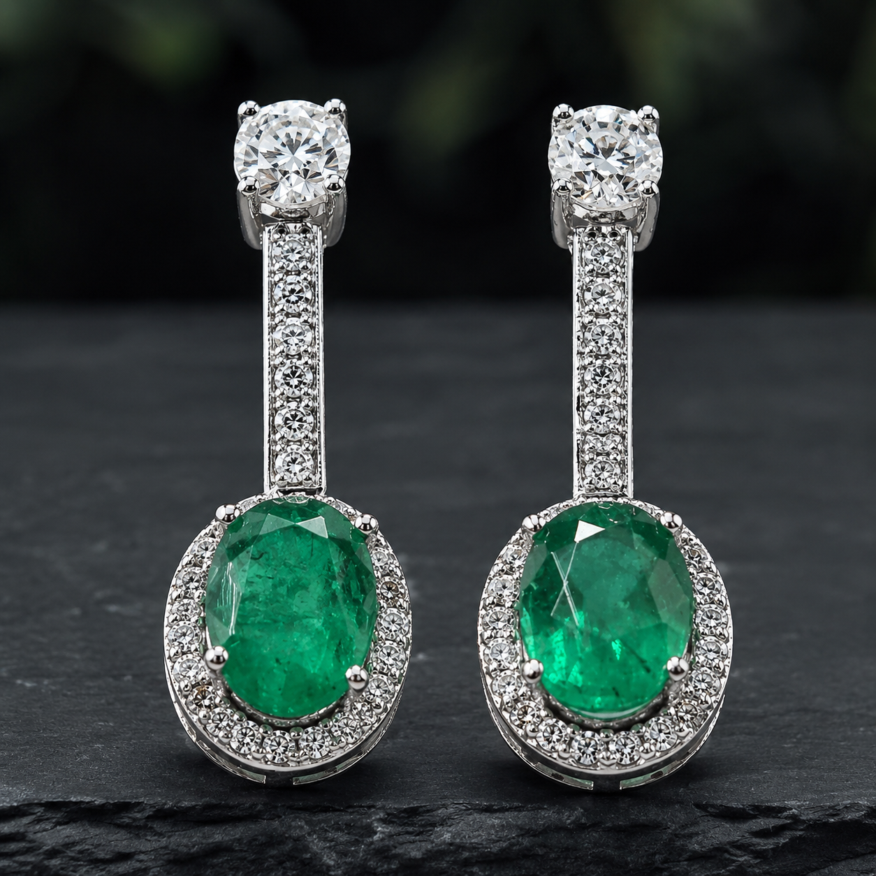 Green Stone and Moissanite Dangle Earrings in 925 Sterling Silver