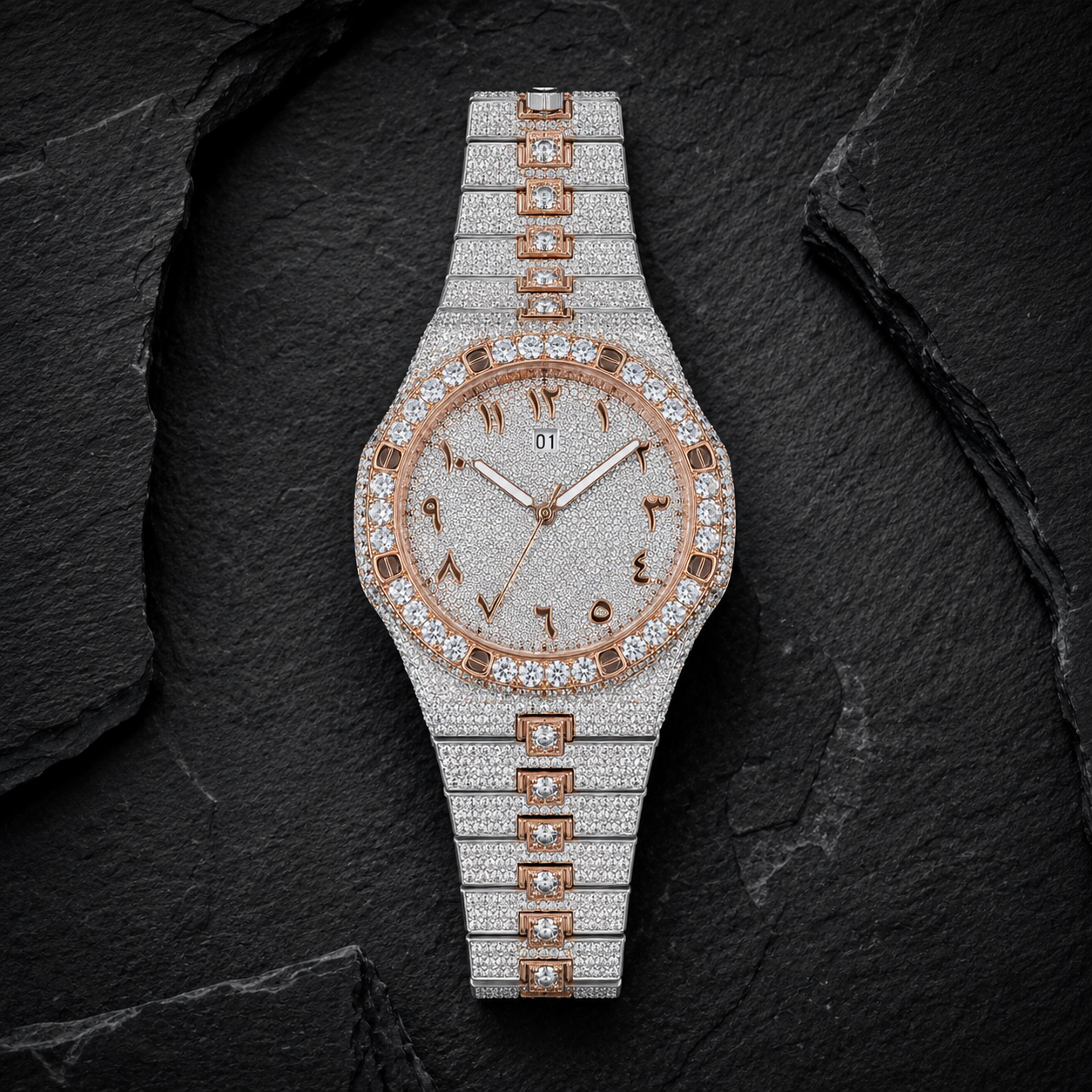 Iced Out Arabic Dial Moissanite Stainless Steel Watch on Black Slate