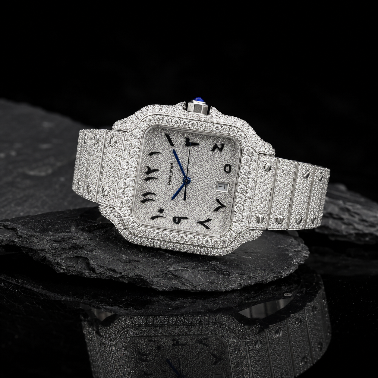 Iced Out Moissanite Arabic Dial Watch Side Angle View