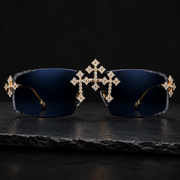 Iced Out Moissanite Cross Rimless Sunglasses Front View