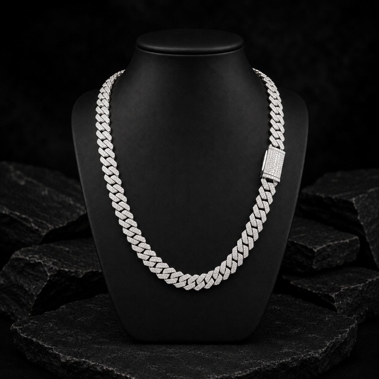 Iced Out Moissanite Cuban Link Chain on Black Jewelry Bust
