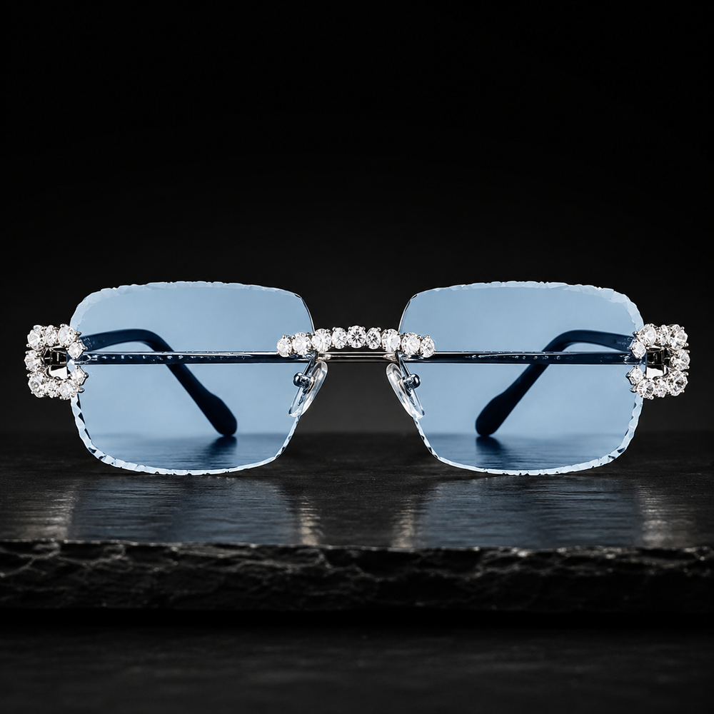 Iced Out Moissanite Rimless Blue Sunglasses Silver Frame Front View
