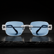 Iced Out Moissanite Rimless Blue Sunglasses Silver Frame Front View