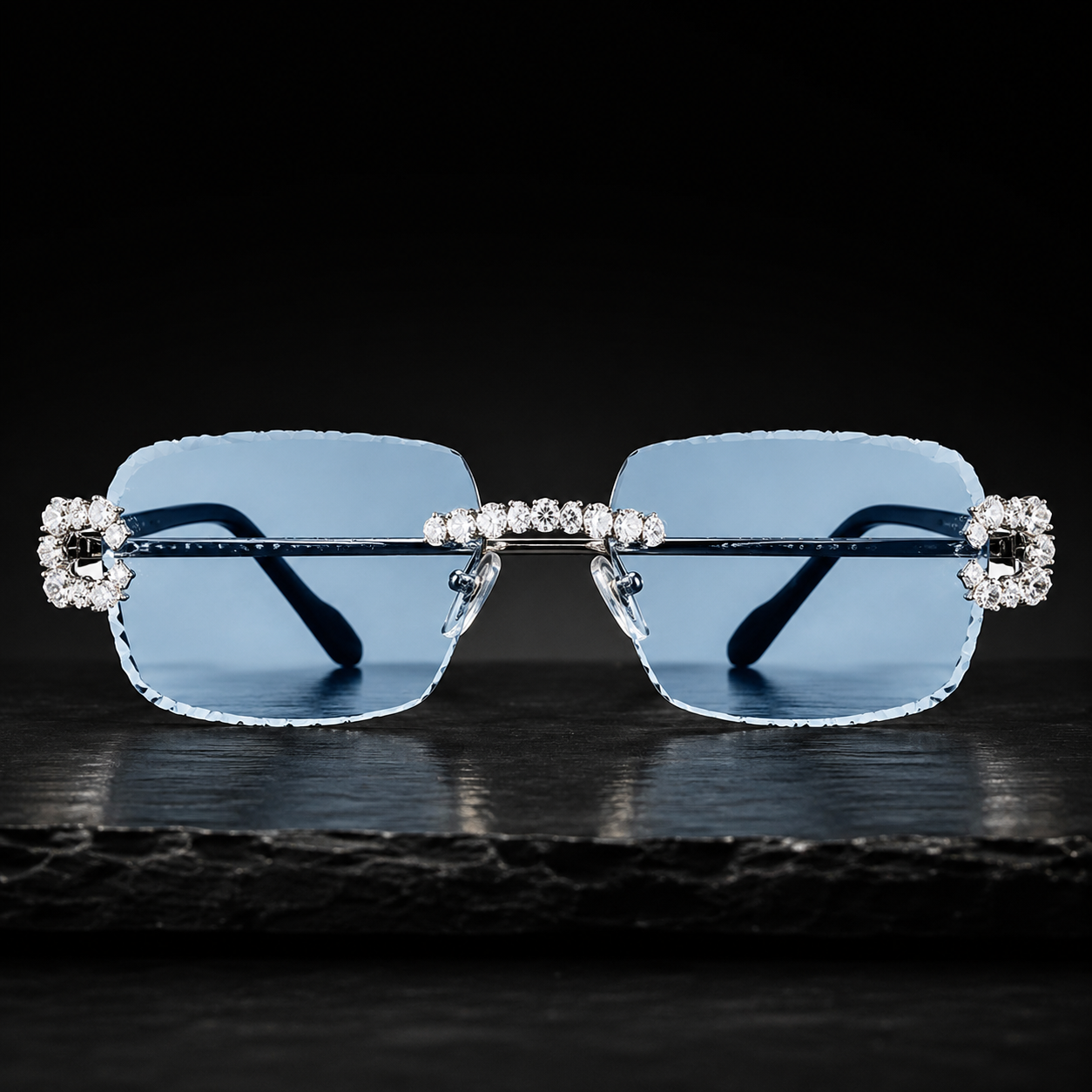 Iced Out Moissanite Rimless Blue Sunglasses Silver Frame Front View