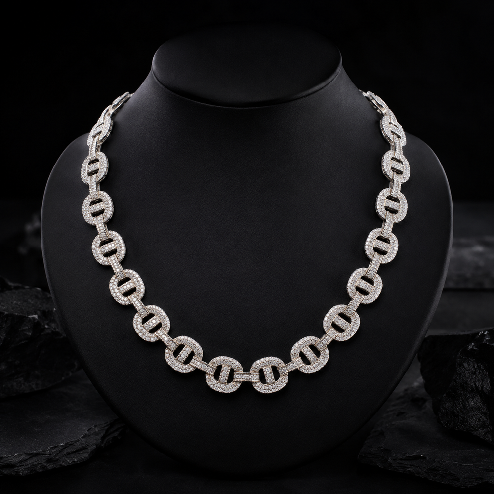 Iced Out Round Link Statement Chain on Black Jewelry Bust
