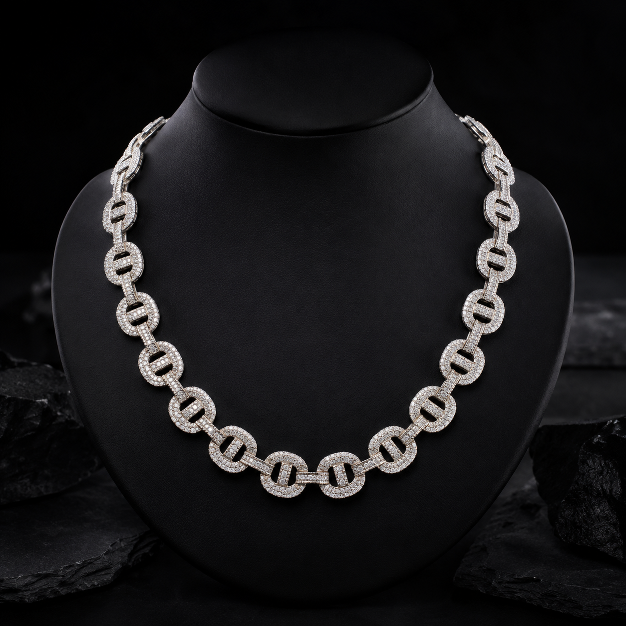 Iced Out Round Link Statement Chain on Black Jewelry Bust
