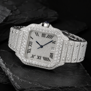 Iced Out Stainless Steel Roman Numeral Watch Side Angle View