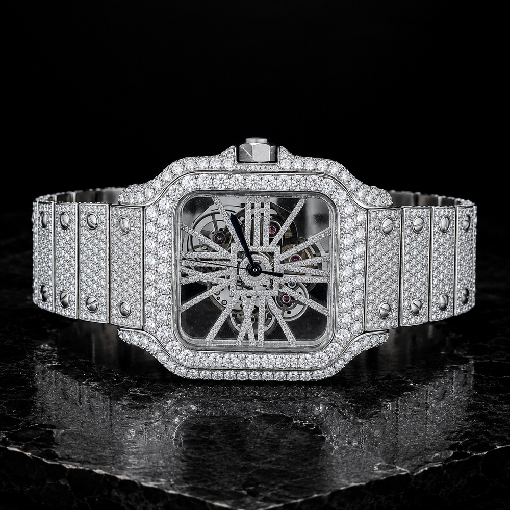 Iced Out VVS Moissanite Stainless Steel Skeleton Watch Front View