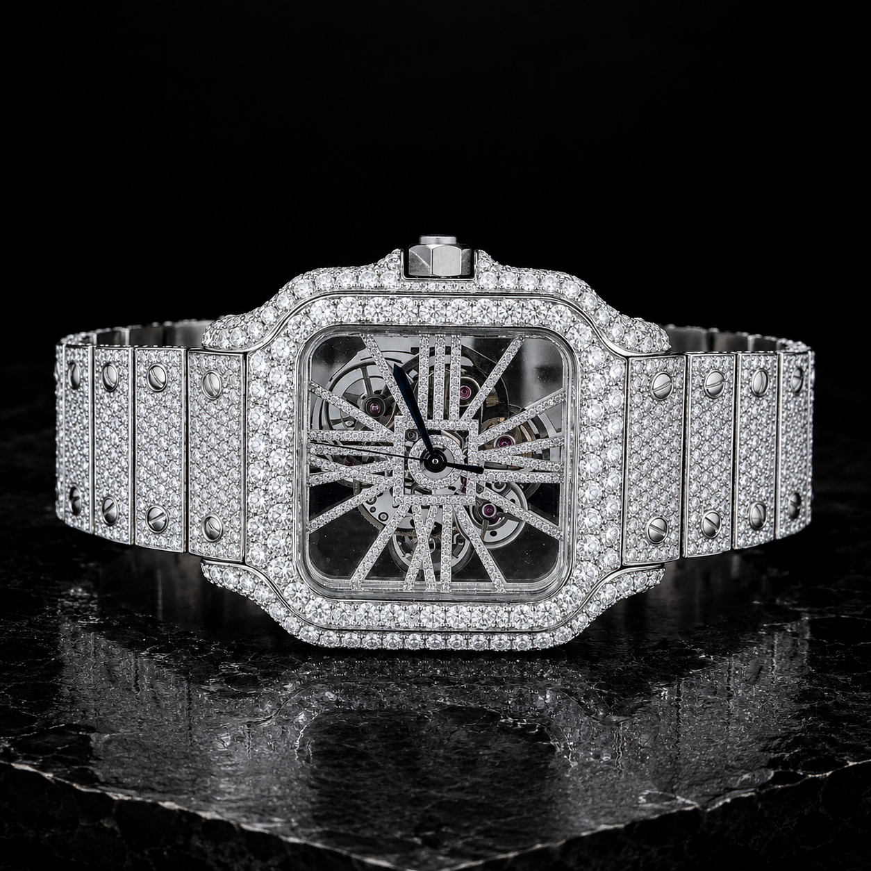 Iced Out VVS Moissanite Stainless Steel Skeleton Watch Front View