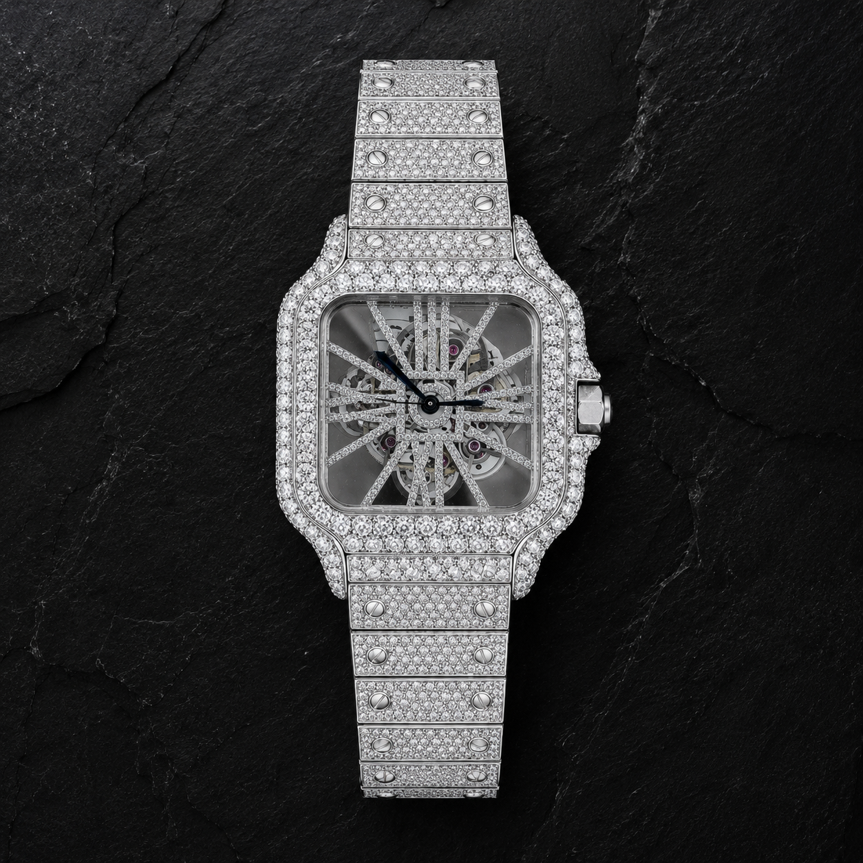Iced Out VVS Moissanite Stainless Steel Watch on Black Slate
