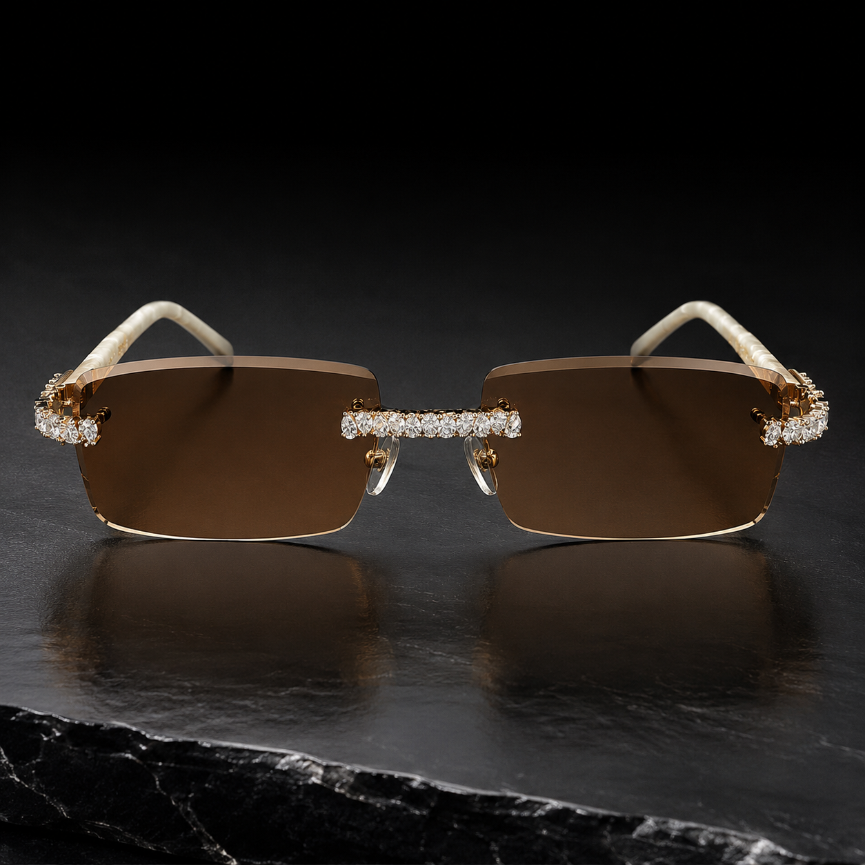 Luxury Pear Cut Moissanite Iced Out Gradient Rimless Sunglasses Front View