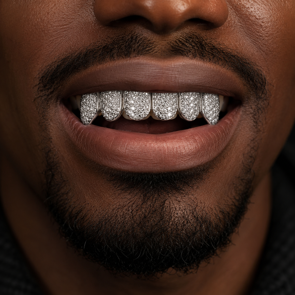 Model Wearing Custom Iced Out VVS Moissanite Grillz