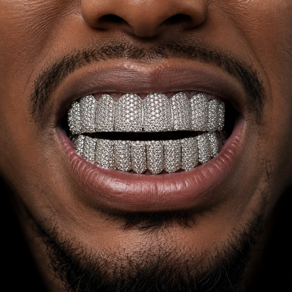 Model Wearing Full Set Iced Out VVS Moissanite Grillz