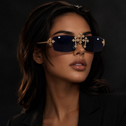 Model Wearing Iced Out Moissanite Cross Rimless Sunglasses