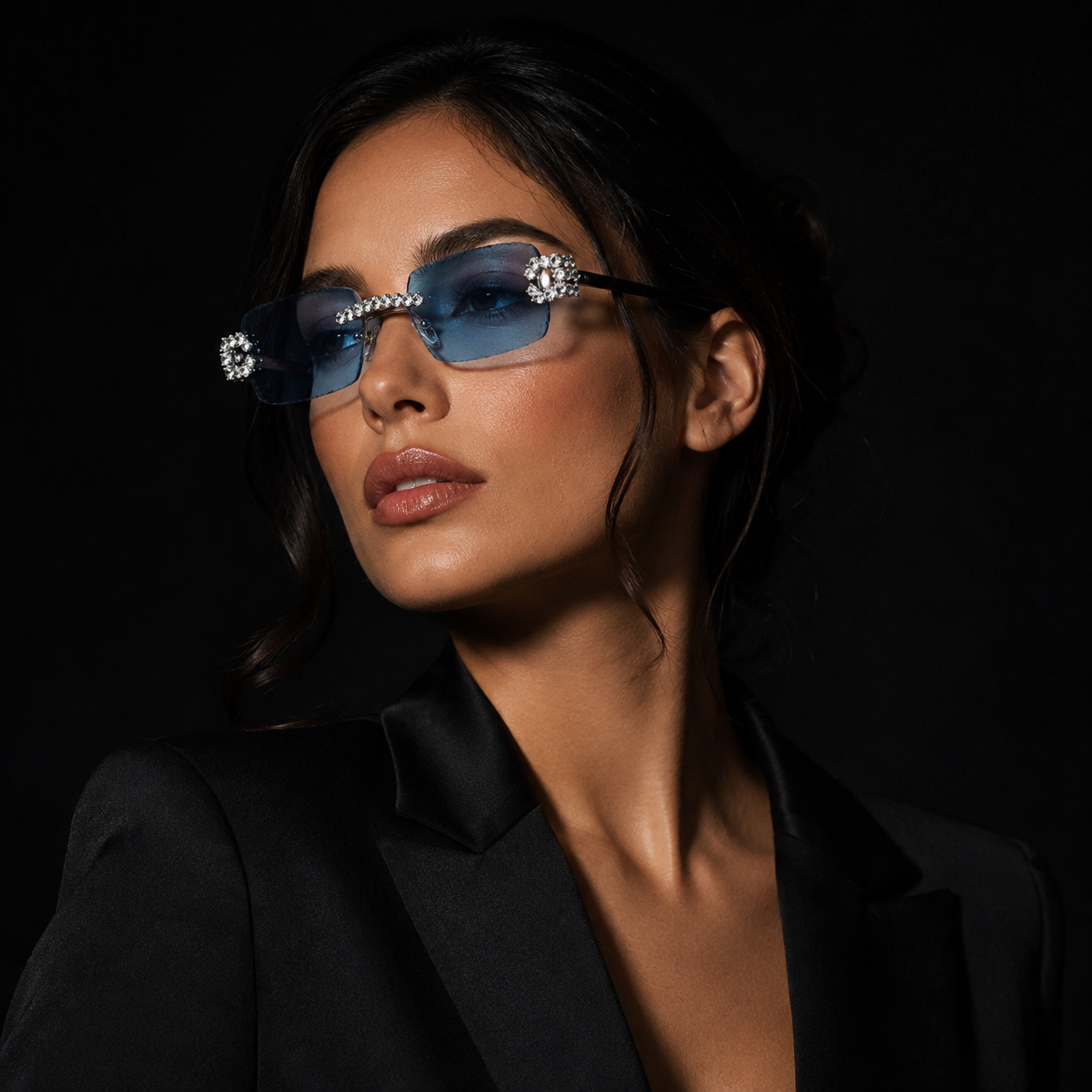 Model Wearing Iced Out Moissanite Rimless Blue Sunglasses