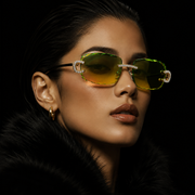 Model Wearing Iced Out VVS Moissanite Green Gradient Rimless Sunglasses