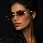 Model Wearing Iced Out VVS Moissanite Rimless Gradient Sunglasses